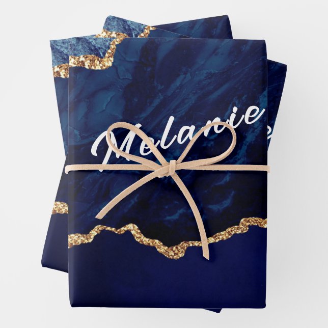 Agate Blue Gold Wrapping Paper Sheets - Your Name (In situ)
