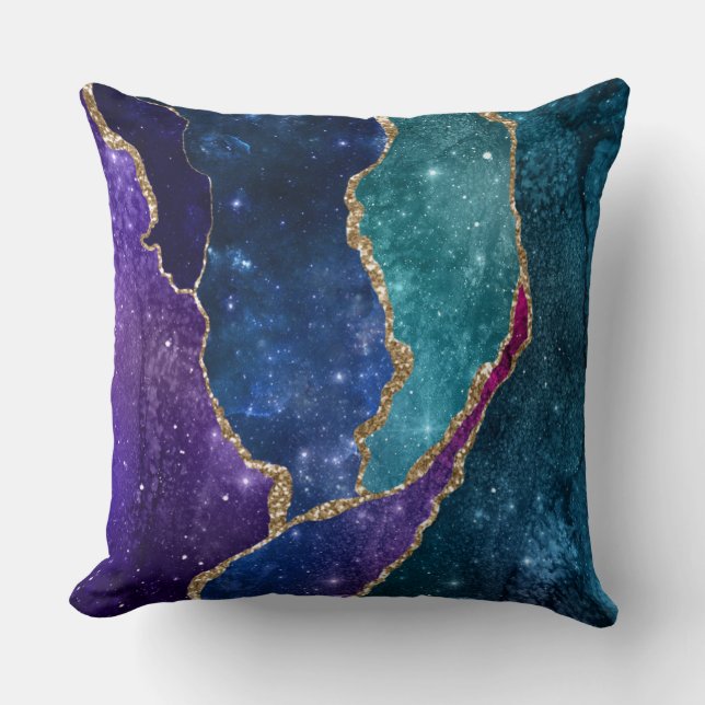 Agate Blue Purple Aqua Gold Veins Cushion (Front)