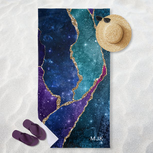Agate Blue Purple Aqua Gold Veins Monogram Beach Towel