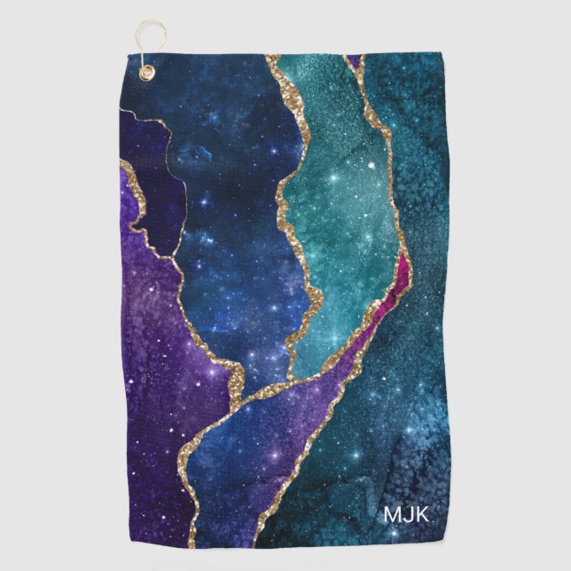 Agate Blue Purple Aqua Gold Veins Monogram Golf Towel (Front)