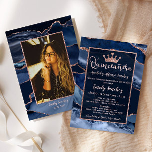 Agate Blue Rose Gold Quinceañera Photo Spanish Invitation