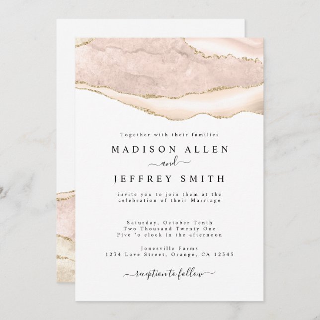 Agate Blush & Gold Glitter Wedding Invitation (Front/Back)