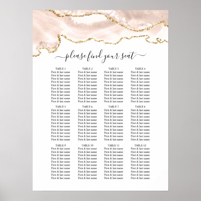Agate Blush & Gold Glitter Wedding Seating Chart (Front)