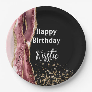 Agate Blush Pink Black Rose Gold Glitter Birthday Paper Plate