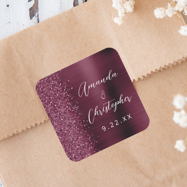 Agate Burgundy Glitter Script Wedding Square Sticker (Creator Uploaded)