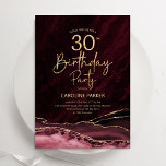 Agate Burgundy Gold 30th Birthday Invitation<br><div class="desc">Burgundy and gold agate 30th birthday party invitation. Elegant modern design featuring dark red marsala wine watercolor agate marble geode background,  faux glitter gold and typography script font. Trendy invite card perfect for a stylish women's bday celebration. Printed Zazzle invitations or instant download digital printable template.</div>