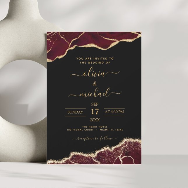 Agate Burgundy Gold Black Modern Wedding Invitation (Creator Uploaded)