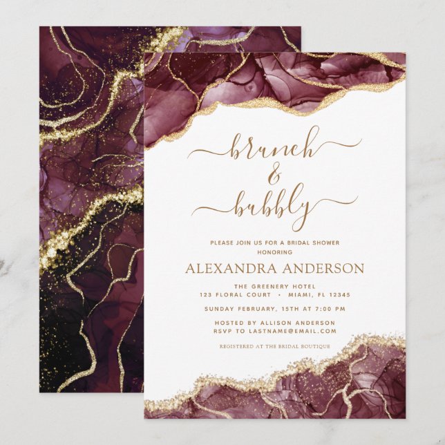 Agate Burgundy Gold Brunch & Bubbly Bridal Shower  Invitation (Front/Back)