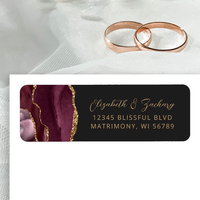 Agate Burgundy Gold Dark Wedding Return Address Label (Creator Uploaded)