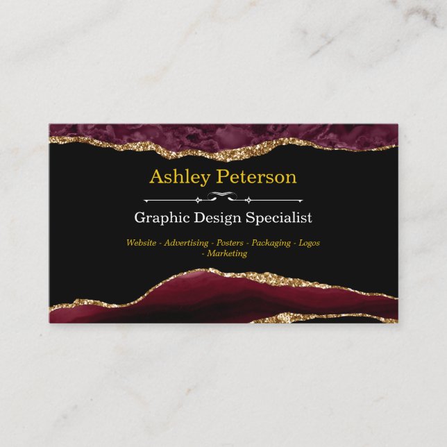 Agate Burgundy & Gold Faux Glitter Business Card (Front)
