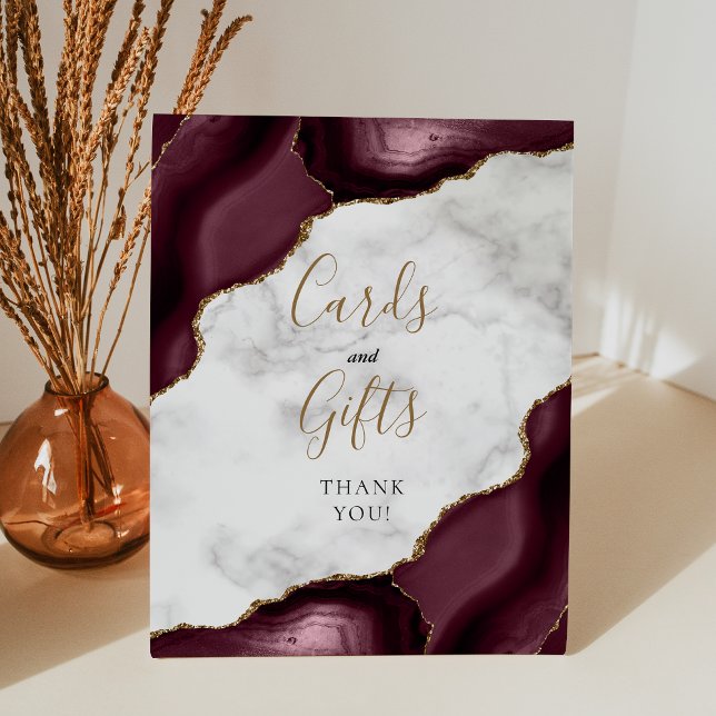 Agate Burgundy Gold Marble Wedding Cards and Gifts Pedestal Sign (Creator Uploaded)