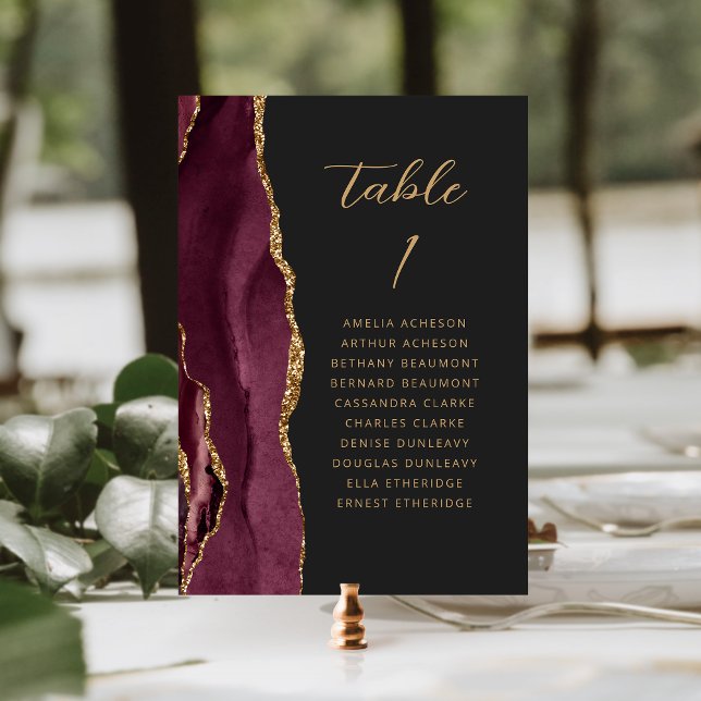 Agate Burgundy Gold Modern Script Dark Wedding Table Number (Creator Uploaded)