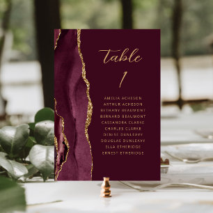 Agate Burgundy Gold Modern Script Wedding Table Number