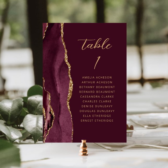 Agate Burgundy Gold Modern Script Wedding Table Number (Creator Uploaded)