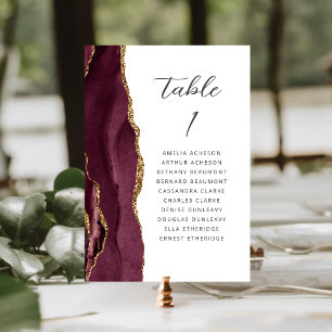 Agate Burgundy Gold Modern Script Wedding Table Number