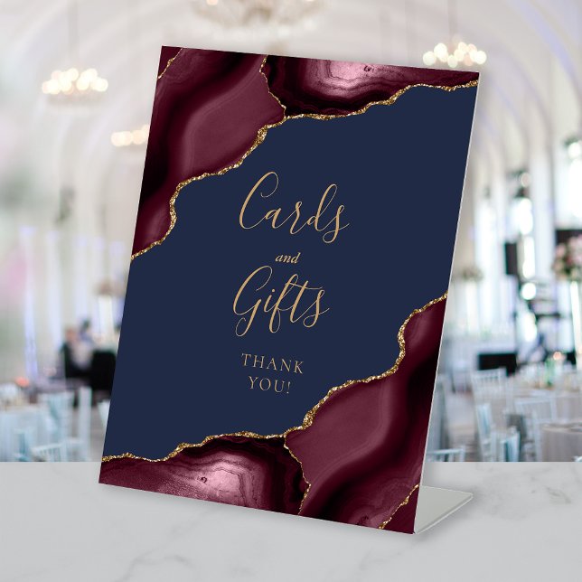 Agate Burgundy Gold Navy Wedding Cards and Gifts Pedestal Sign (Creator Uploaded)