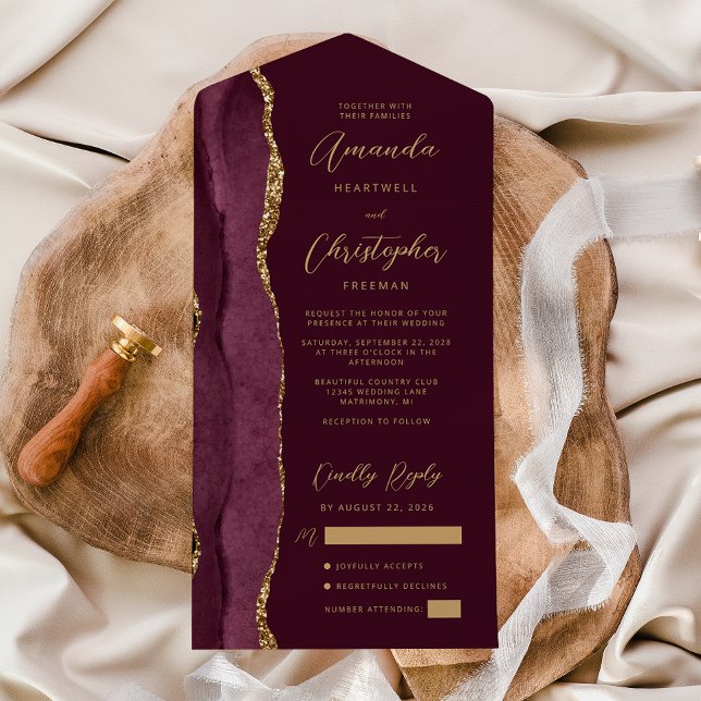 Agate Burgundy Gold Script All In One Invitation (Creator Uploaded)
