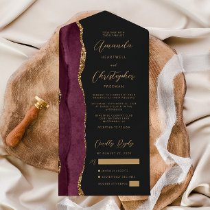 Agate Burgundy Gold Script Dark All In One Invitation