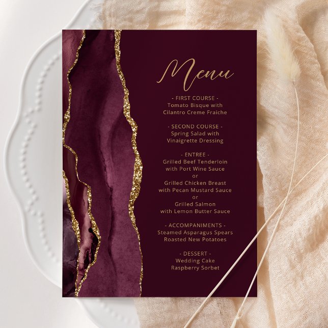 Agate Burgundy Gold Script Wedding Menu (Creator Uploaded)