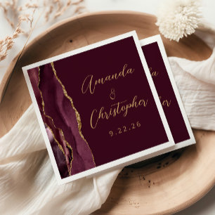 Agate Burgundy Gold Script Wedding Napkin