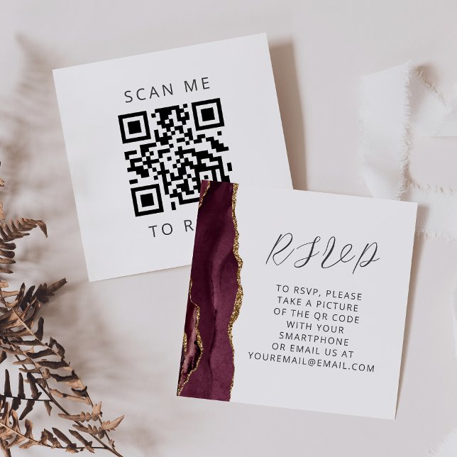Agate Burgundy Gold Wedding QR Code RSVP Enclosure Card (Creator Uploaded)