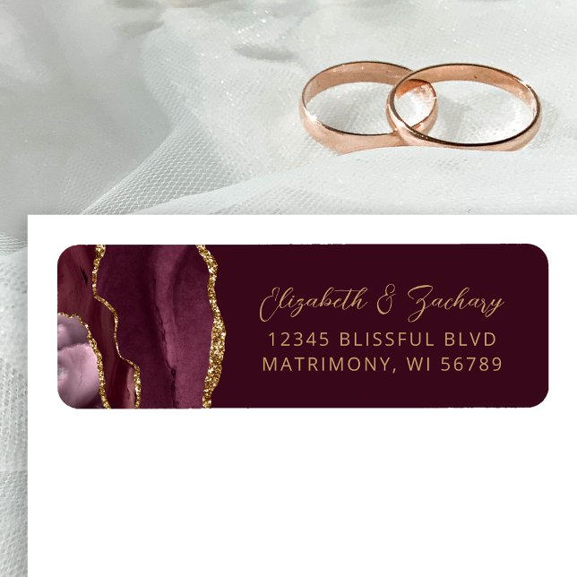 Agate Burgundy Gold Wedding Return Address Label (Creator Uploaded)