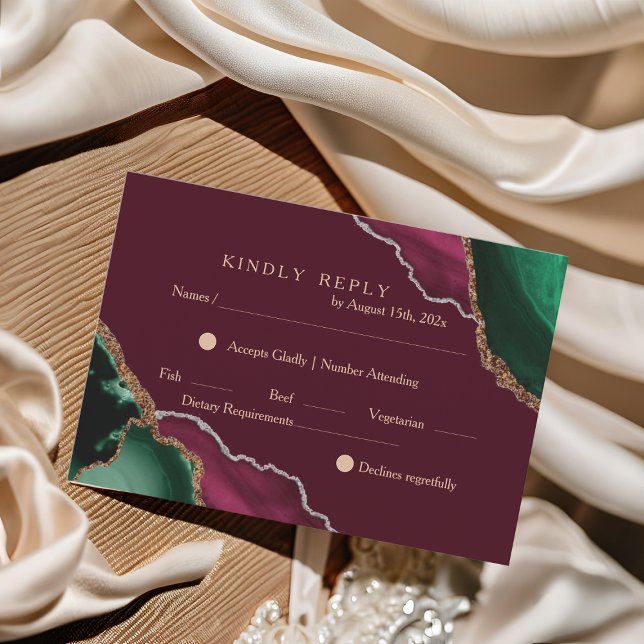 Agate Burgundy & Green Black Wedding RSVP Card (Creator Uploaded)