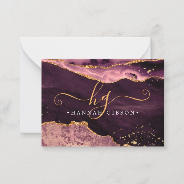 Agate Burgundy Monogram Fancy Script Gold Glitter Card (Front)