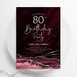 Agate Burgundy Silver 80th Birthday Invitation<br><div class="desc">Burgundy and silver agate 80th birthday party invitation. Elegant modern design featuring dark red marsala wine watercolor agate marble geode background,  faux glitter silver and typography script font. Trendy invite card perfect for a stylish women's bday celebration. Printed Zazzle invitations or instant download digital printable template.</div>