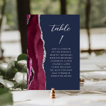Agate Burgundy Silver Modern Script Navy Wedding Table Number<br><div class="desc">The left-hand edge of this elegant modern wedding table number card features a burgundy red watercolor agate border trimmed with faux silver glitter. The word "table" appears in silver grey handwriting script on a navy blue background. Add the names of your guests who are assigned to each table.</div>