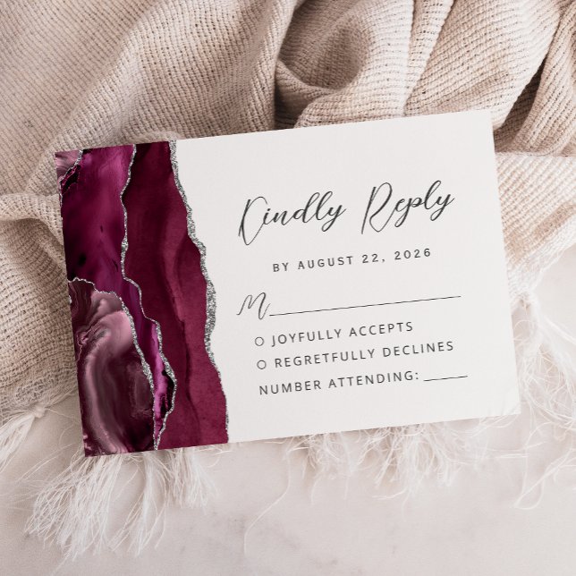 Agate Burgundy Silver Modern Script Wedding RSVP Card (Creator Uploaded)