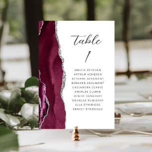 Agate Burgundy Silver Modern Script Wedding Table Number