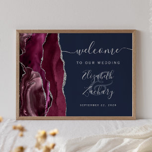 Agate Burgundy Silver Navy Blue Wedding Welcome Poster