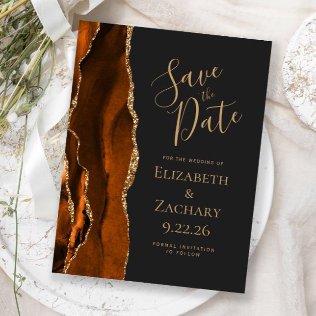 Agate Burnt Orange Gold Dark Save the Date Announcement Postcard (Creator Uploaded)