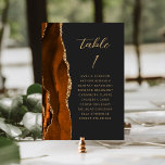 Agate Burnt Orange Gold Modern Script Dark Wedding Table Number<br><div class="desc">The left-hand edge of this elegant modern wedding table number card features a burnt orange watercolor agate border trimmed with faux gold glitter. The word "table" appears in gold-coloured handwriting script on a dark background. Add the names of your guests who are assigned to each table.</div>
