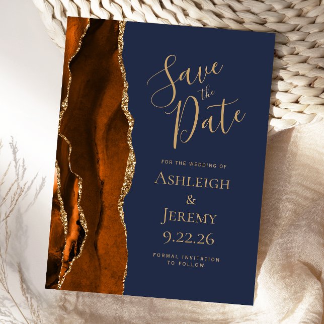 Agate Burnt Orange Gold Navy Blue Save the Date Postcard (Creator Uploaded)