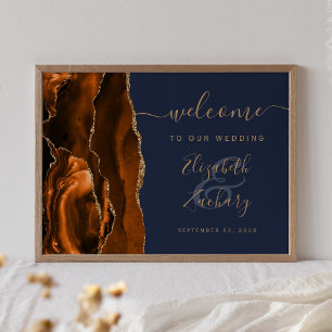 Agate Burnt Orange Gold Navy Blue Wedding Welcome Poster