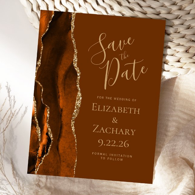 Agate Burnt Orange Gold Nutmeg Brown Save the Date Announcement Postcard (Creator Uploaded)