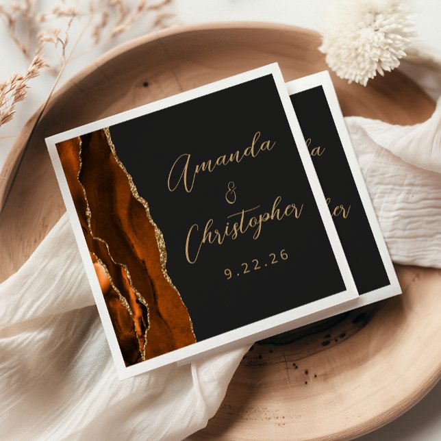 Agate Burnt Orange Gold Script Dark Wedding Napkin (Creator Uploaded)