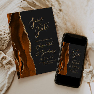 Agate Burnt Orange Gold Script Dark Wedding Save The Date