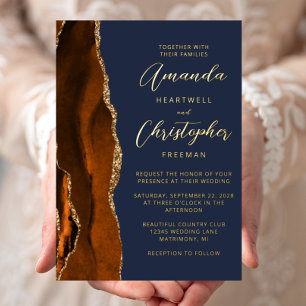 Agate Burnt Orange Gold Script Navy Blue Wedding