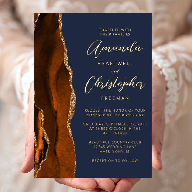 Agate Burnt Orange Gold Script Navy Blue Wedding (Creator Uploaded)