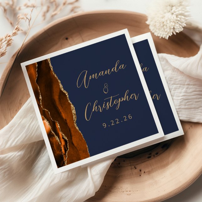 Agate Burnt Orange Gold Script Navy Blue Wedding Napkin (Creator Uploaded)