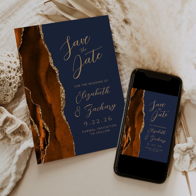 Agate Burnt Orange Gold Script Navy Wedding Save The Date (Creator Uploaded)
