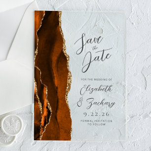 Agate Burnt Orange Gold Wedding Save the Date Acrylic Invitations
