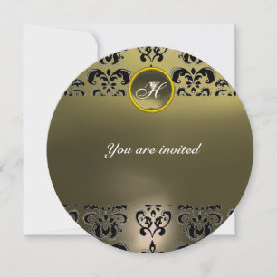 AGATE DAMASK GEM STONE MONOGRAM black grey Invitation