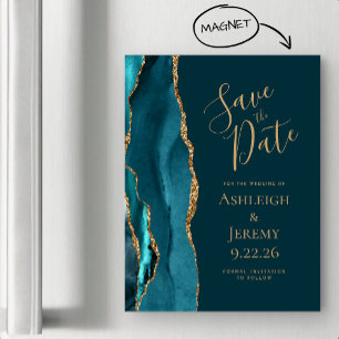 Agate Dark Teal Blue Gold Magnetic Save the Date