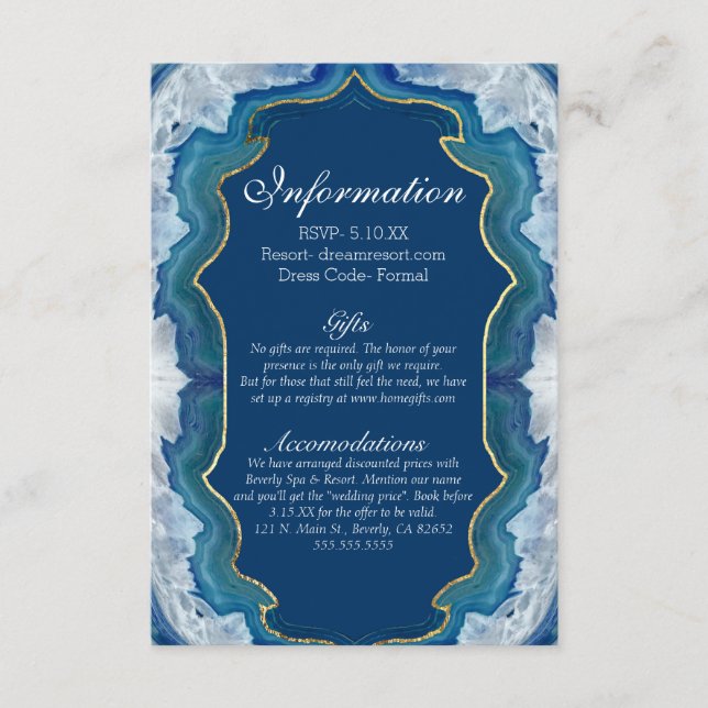 Agate Elegant Pretty Blue Teal Geode Information Enclosure Card (Front)