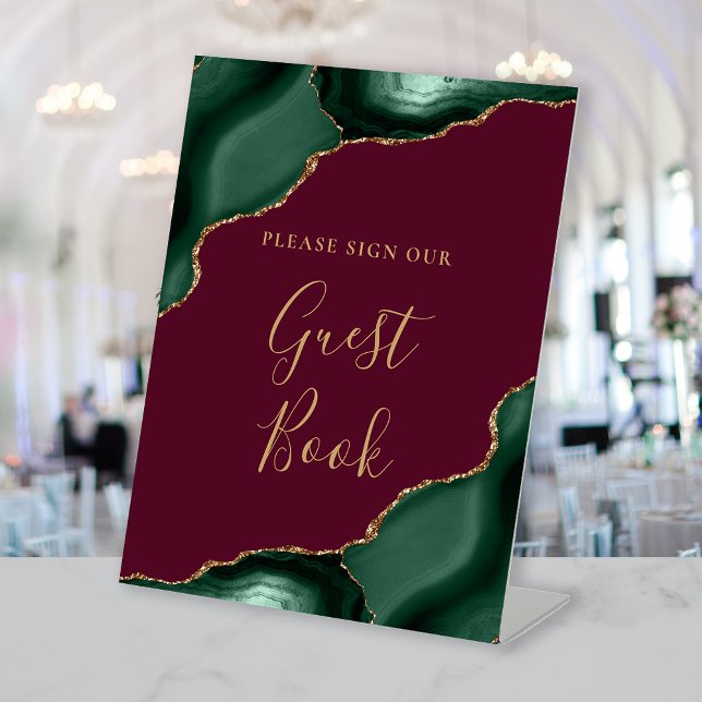 Agate Emerald Green Burgundy Wedding Guest Book Pedestal Sign (Creator Uploaded)