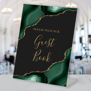 Agate Emerald Green Gold Dark Wedding Guest Book Pedestal Sign